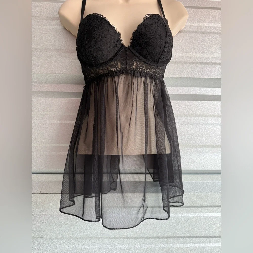 Women’s Victoria’s Secret Sexy Black Lace Lingerie Babydoll Sheer Top Size 34C